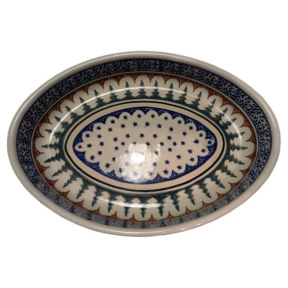 Boleslawiec Polish Pottery Christmas Tree Stars Oval Baking Dish 13.75 inx9.5in - Picture 1 of 7